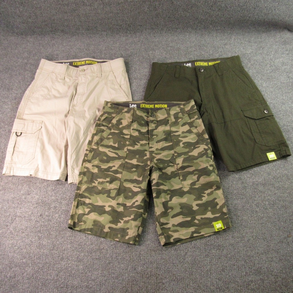 Lee Mens Extreme Motion Cargo Shorts Mens 30 Camo Olive Khaki Bundle Lot of 3‎